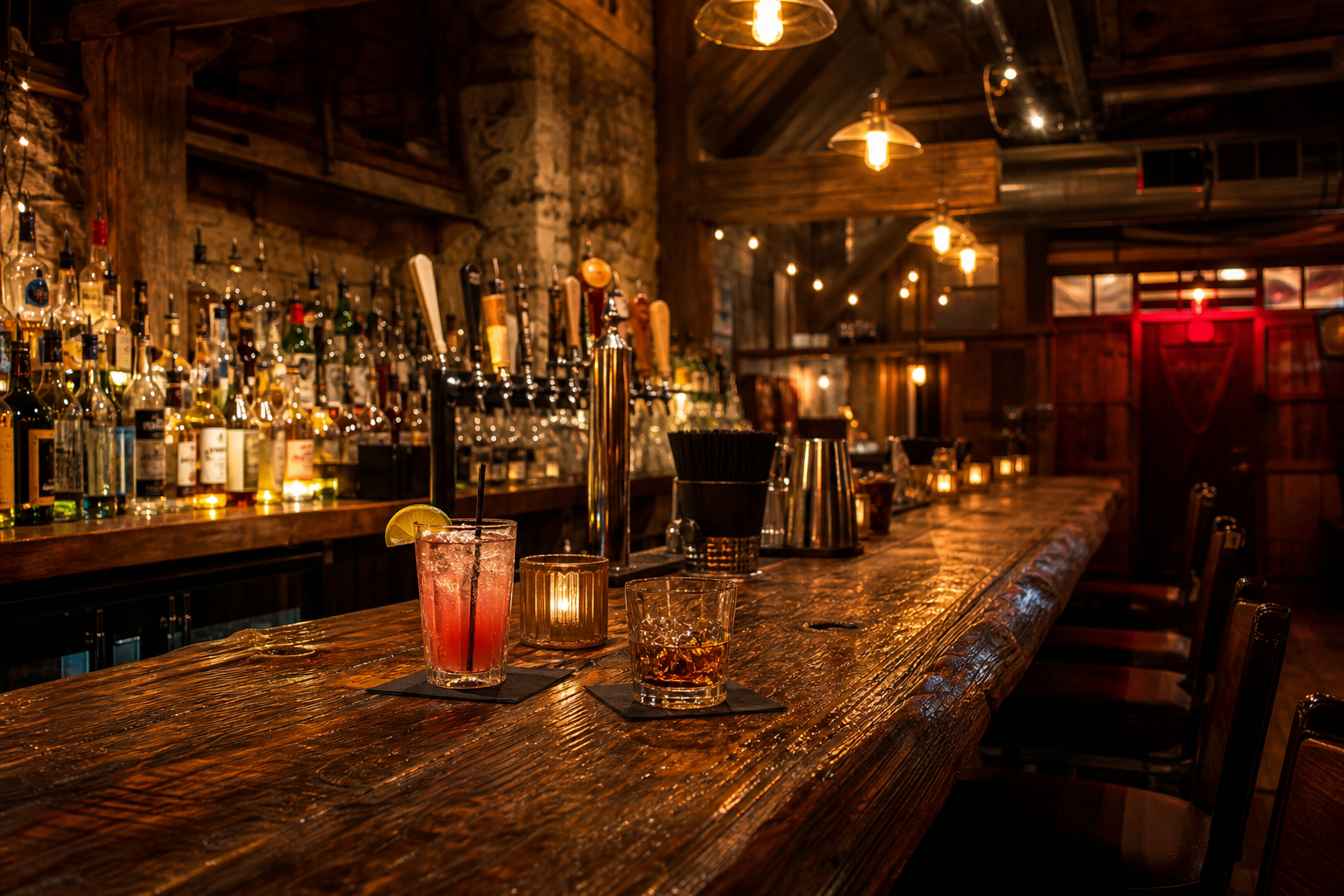 Rustic saloon bar with amber lights