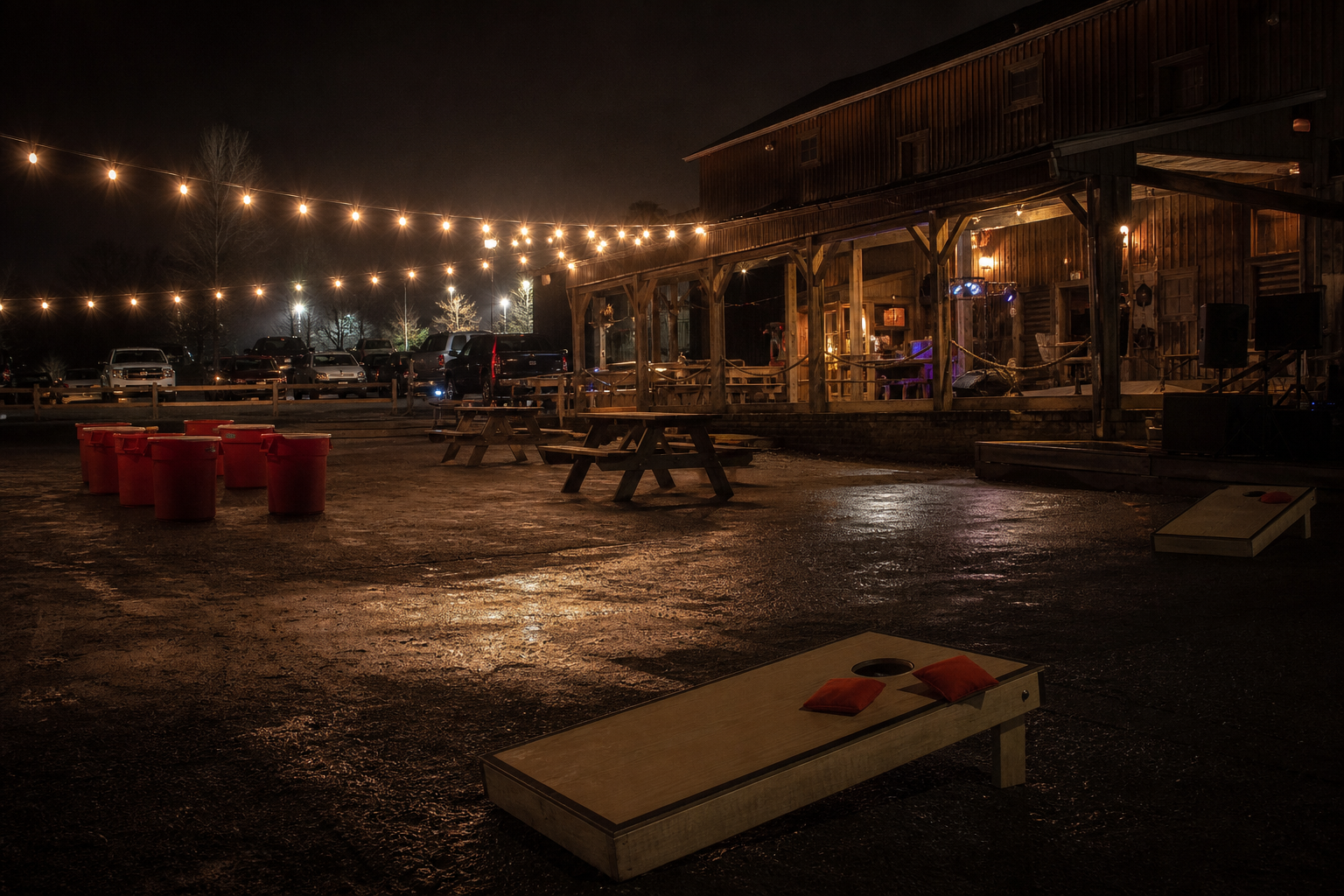 Outdoor games and picnic tables at night